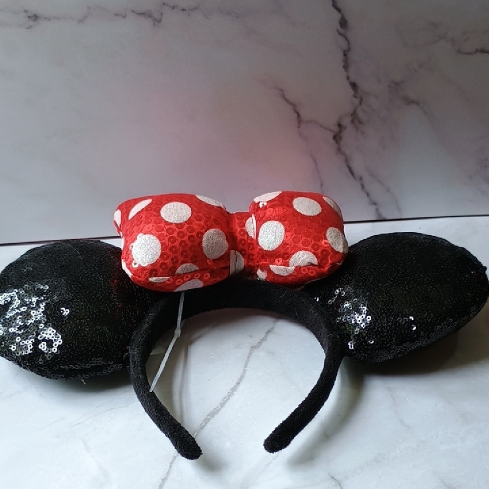 Disney Mickey & Friends Black Sequin Minnie Mouse Ears with Red Bow Head Band
